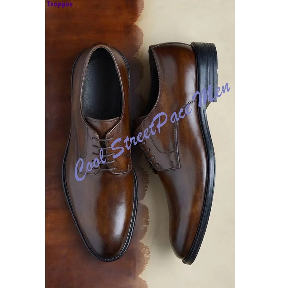 Men Polished Brown Round Toe Derby Shoes Leather Front Lace Up Pointed Toe 2026 Office Wedding Party Dress Shoes for Men