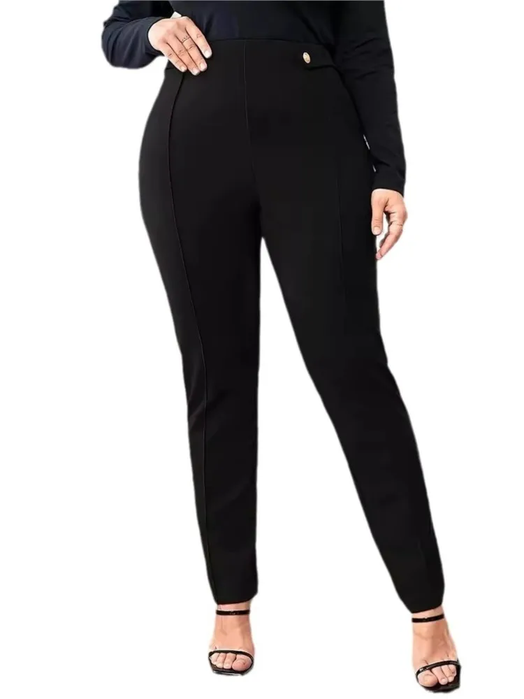 Pantalones largos de cintura alta para mujer, calzas ajustadas de moda, informales, color negro, talla grande, novedad de verano