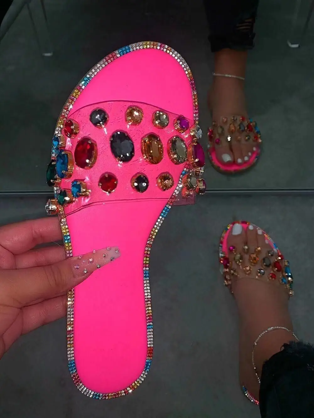 Woman Sandals 2021 Women Shoes Rhinestones Chains Thong Gladiator Flat Sandals Crystal Chaussure Plus Size 42 tenis feminino