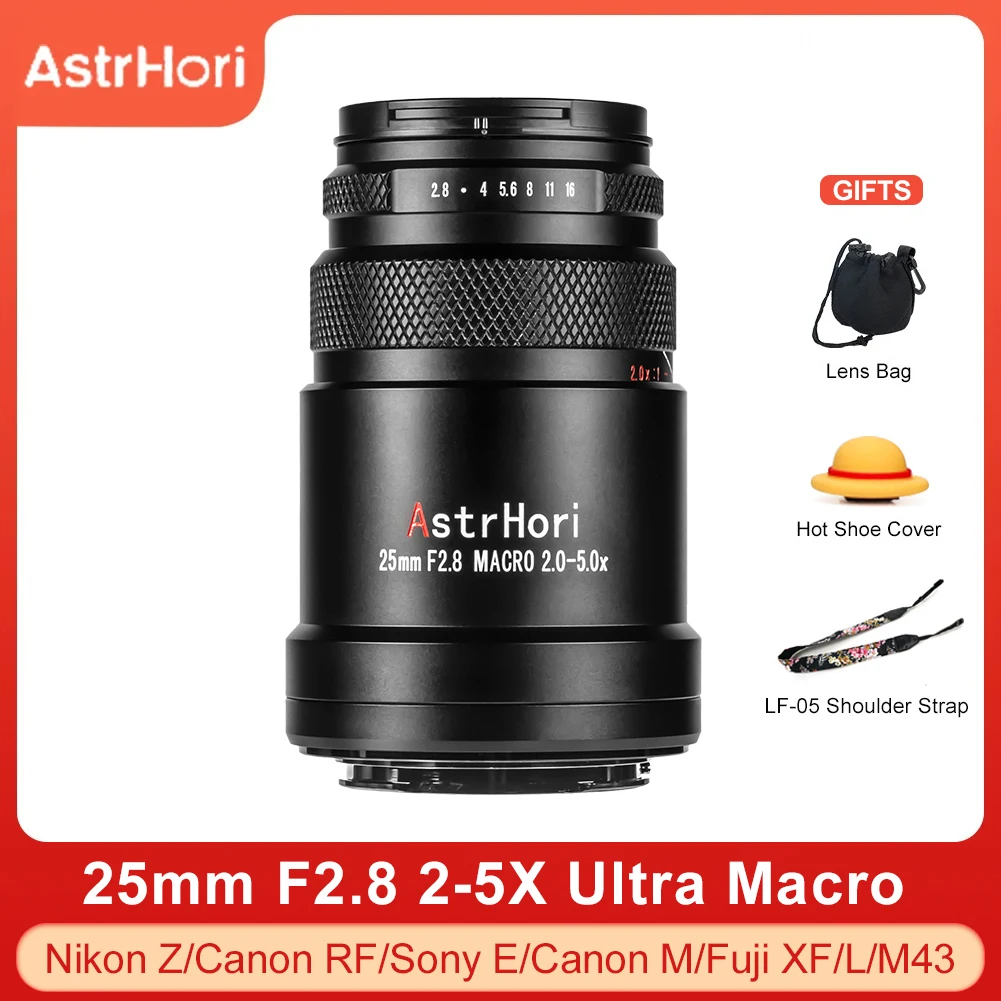 

AstrHori Full Frame Ultra Macro 25mm F2.8 2X-5X Close Up Lens for Sony E Nikon Z Canon RF Fuji X L Mount a6000 a64000 xt30 z8 z9