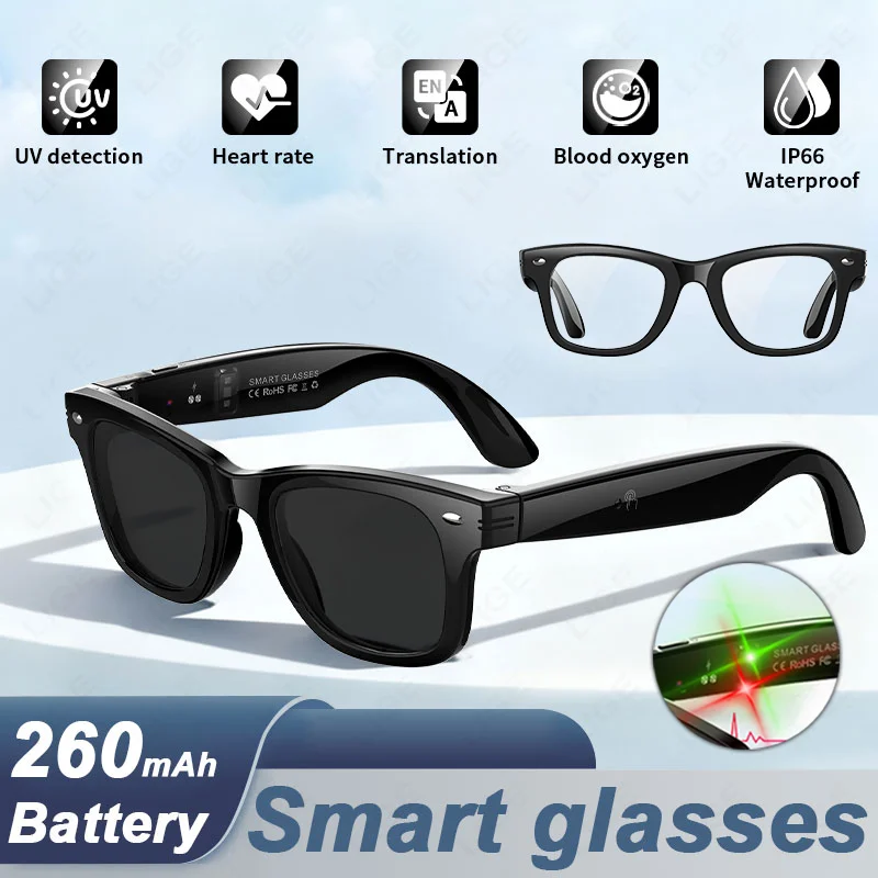 

LIGE UV Detection Smart Glasses Heart Rate Blood Oxygen Health Monitor Sports AI Translation Voice Call BT Music Play Sunglasses