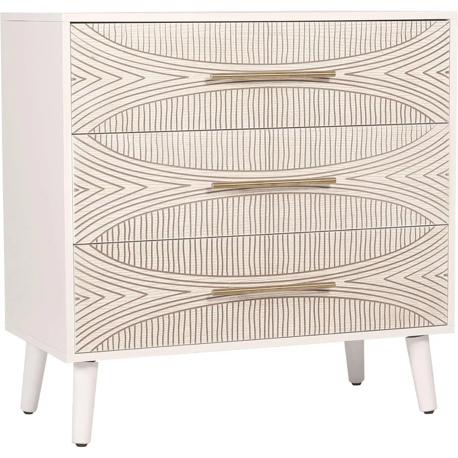 3 Drawer Dresser White Wooden Dresser with Metal Handles Bedroom Storage Organizer TV Stand Entryway Furniture Texture Beige