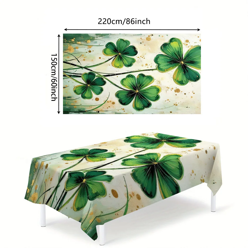Artistic Lucky Clover Tablecloth, Cream Base With Four Leaf Shamrock Graphic Print, Rectangular Table Cover for Dining & Kitchen