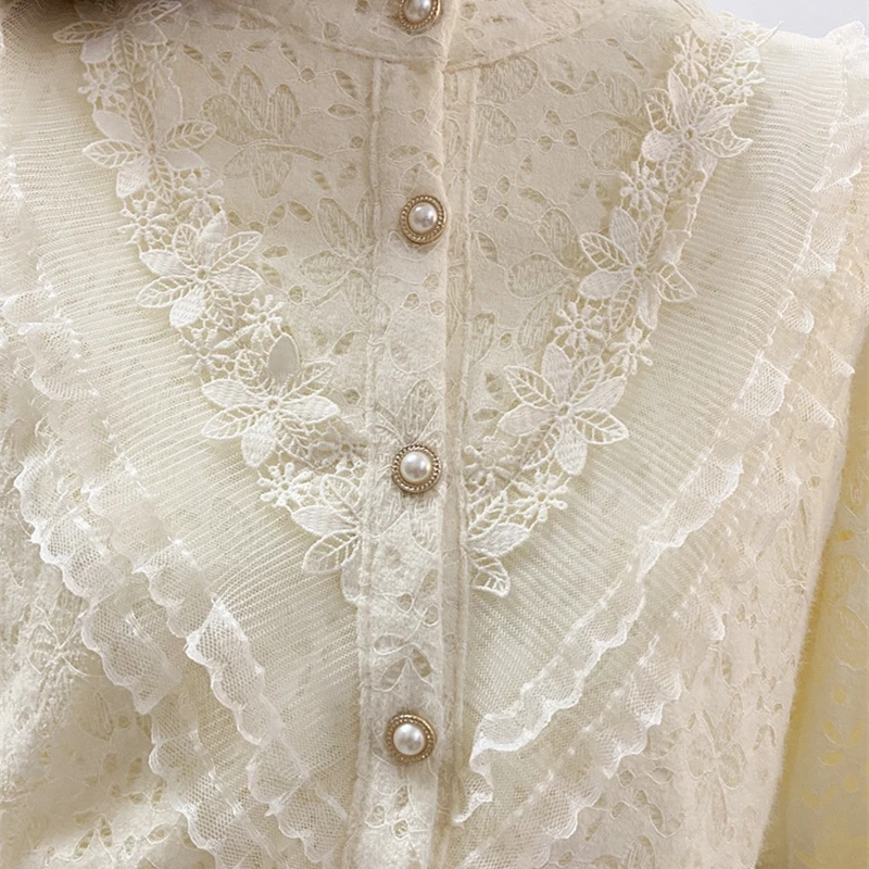 Lace Embroidery Stitch Shirts and Blouses For Women\'s Spring Autumn New Fashion Beige Shirt Long Sleeve Office Lady Elegant Top