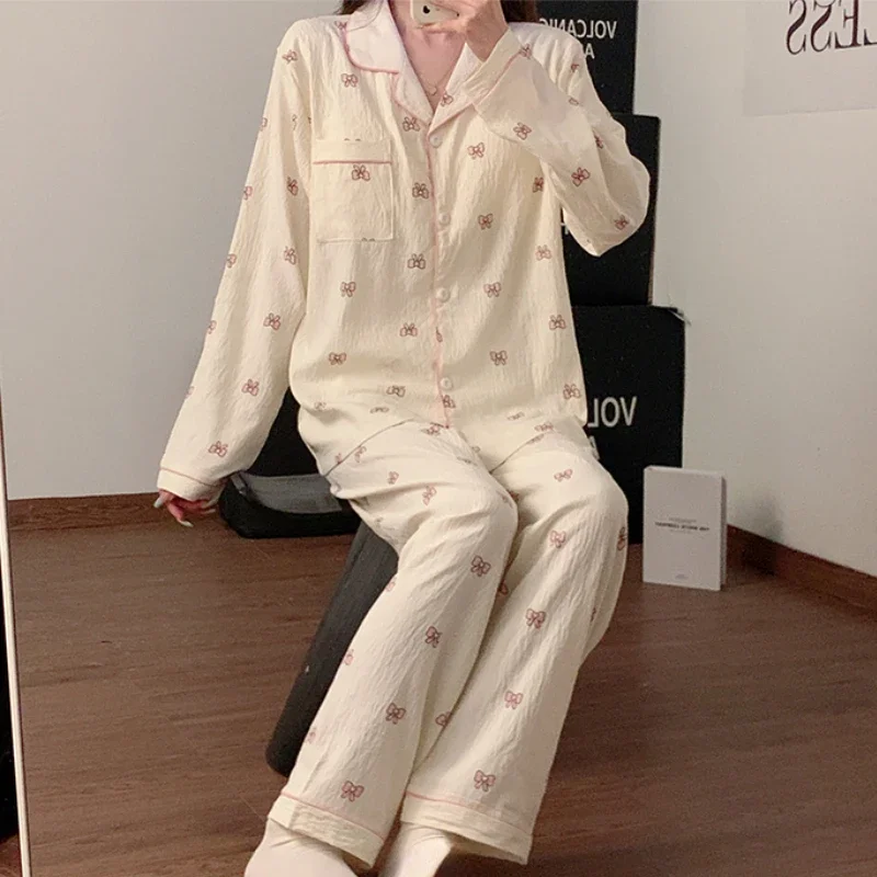 Pajama Sets for Women Spring Autumn Sweet Print Homewear Aesthetic Ulzzang Princess Tender Fashion Padded Sleepwear Students New