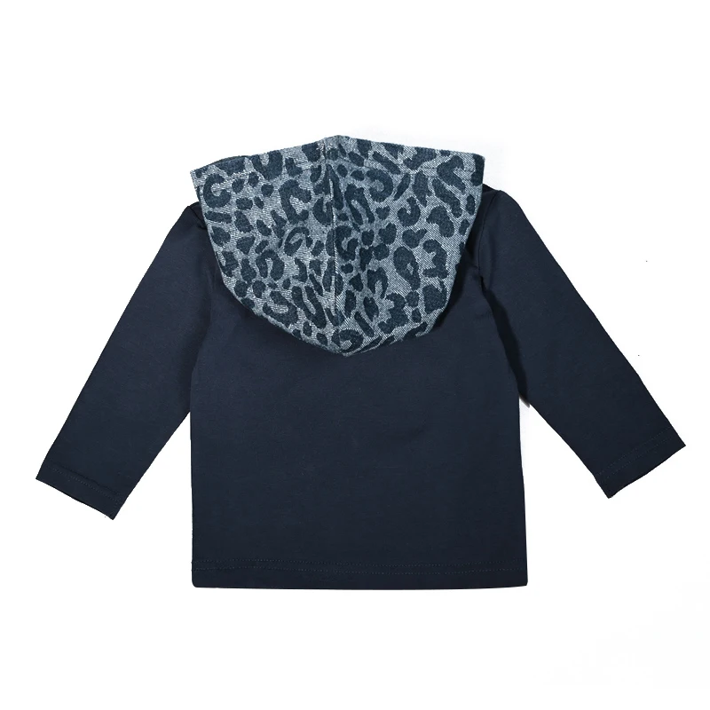 Blue Leopard Denim Children Set Long Sleeve Top Shirt Outfit Denim Washed Cotton/Spandex Dress Leopard Hoodie and Raw Edge Patch
