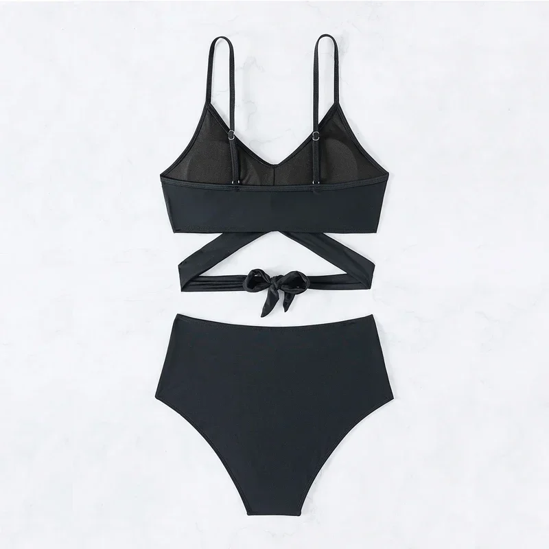 Maiô de duas peças de cor sólida para mulher, 2024 verão novo tankini de cintura alta, alça cruzada com decote em v sem costas praia maiô