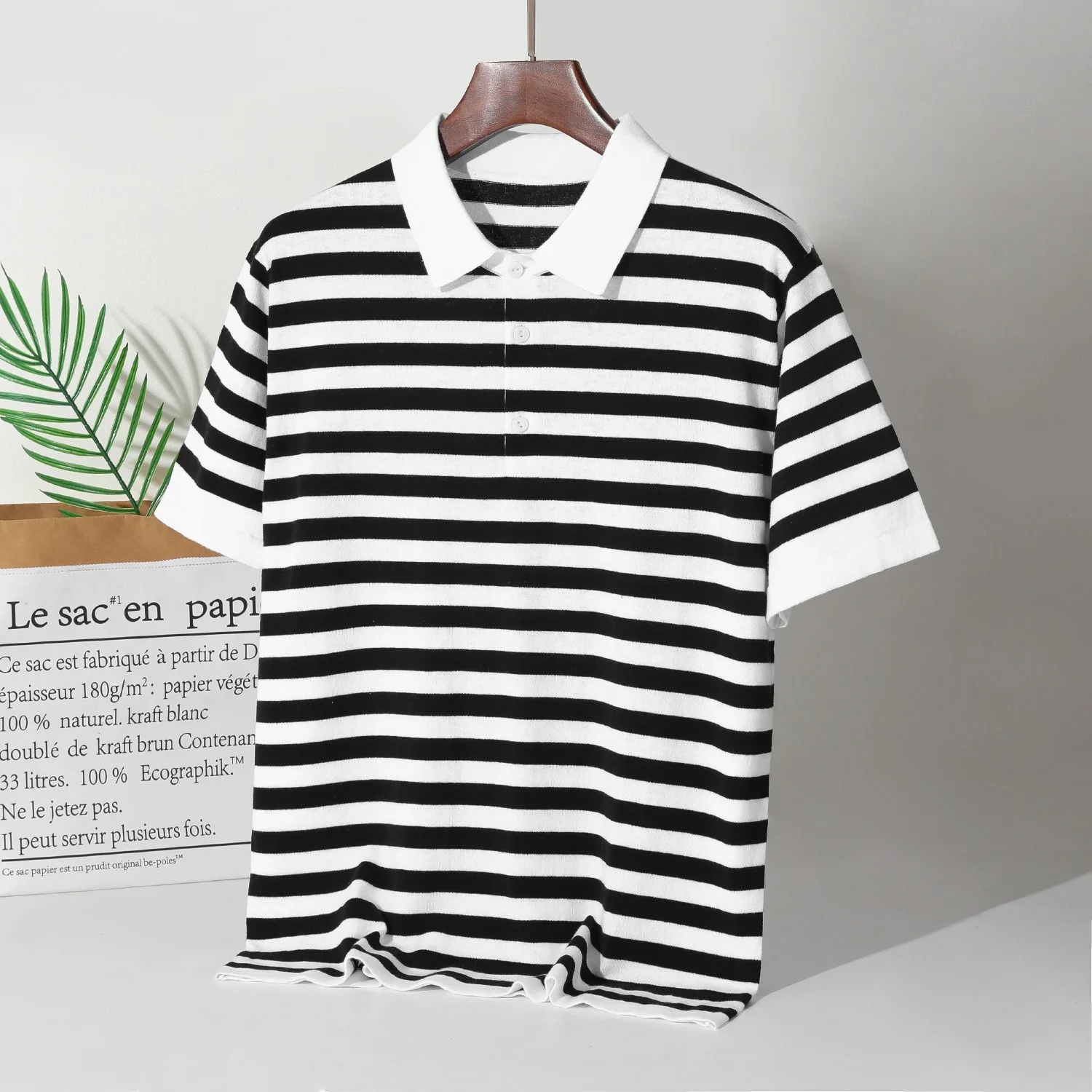 Vintage black and white striped short-sleeved loose breathable casual upper knit polo shirt