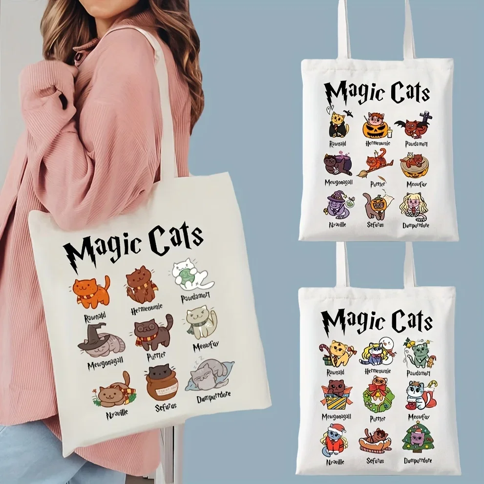 Magic Cat Print Tote Bag, Cat Super Cute Shoulder Bag, Christmas Birthday Gift Bag, Handbag Perfect For School, Travel, Shopping