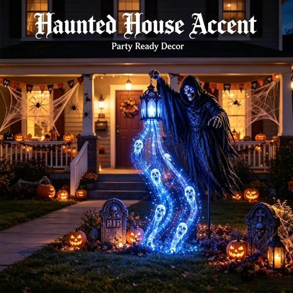Grim Reaper Animated Garden Light, Soul Harvester Halloween Garden Light,Halloween Yard Decor with Glowing Ghost and Lantern
