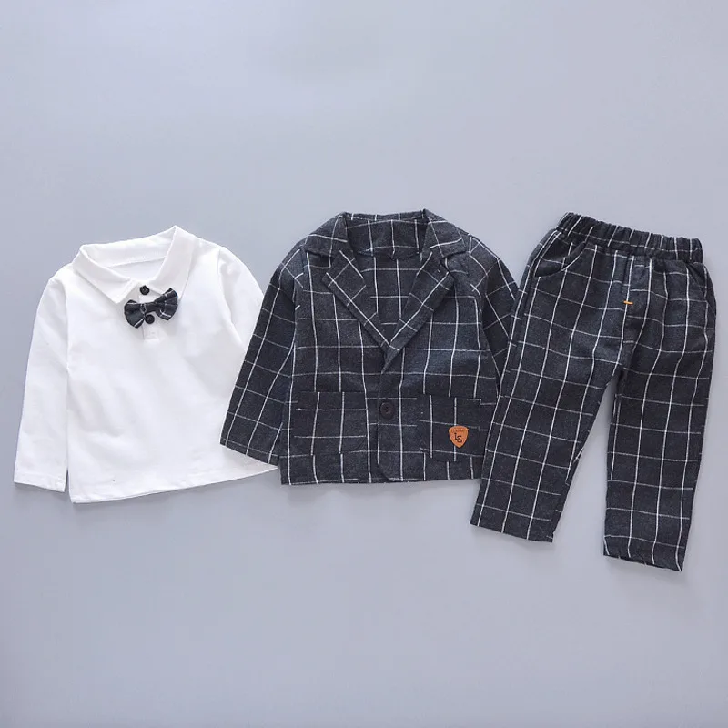 Spring Autumn Baby Boys Clothes Suit Children Casual Plaid Coat T-Shirt Pants 3Pcs/Set Toddler Gentleman Costume Kids Tracksuits