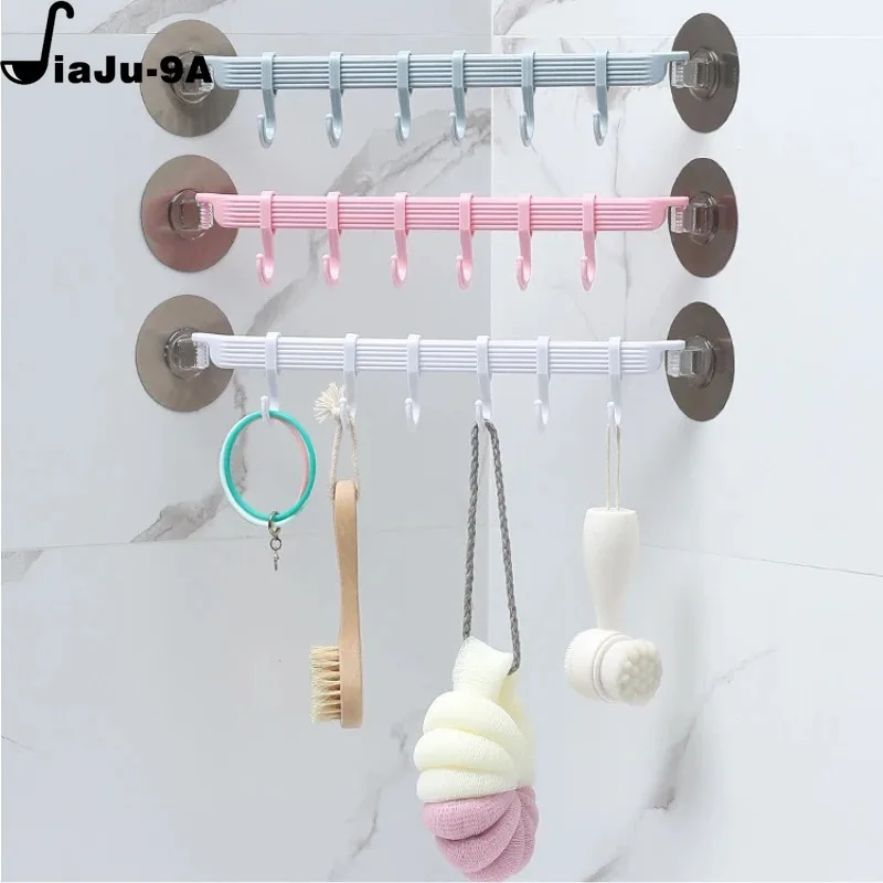 1pc Blue/White/Pink Suction Cup Type Hook 6 Rows for Kitchen Bathroom Corner Suspension Without Marks Hanger Hook