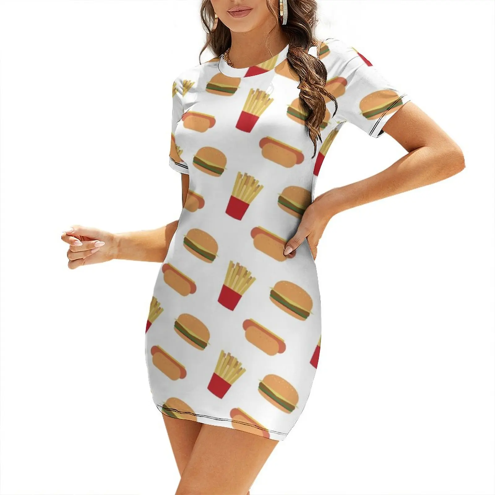 

HOT DOGS, HAMBURGERS AND FRIES PATTERN Short Sleeved Dress women long dresses women's dresses luxury long sleeve dress