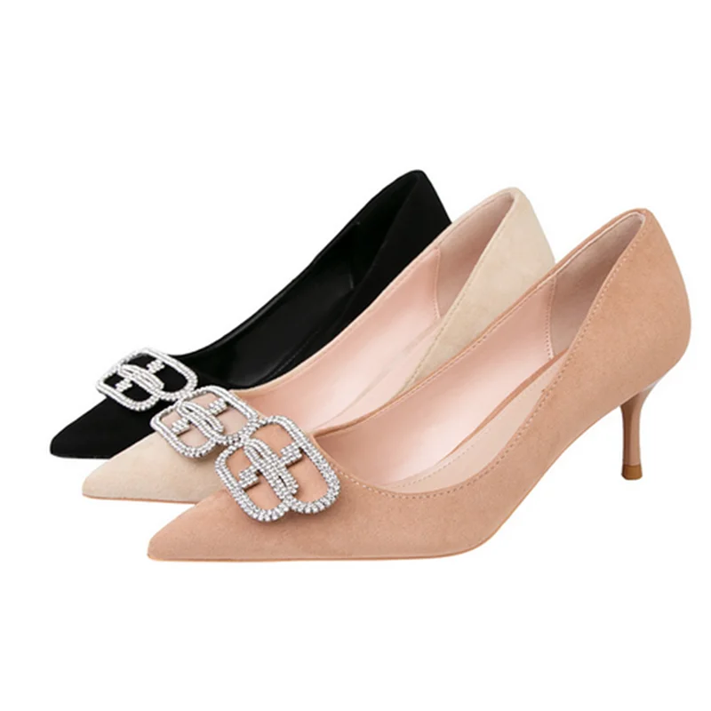 

Women Crystal Buckle Flock Pumps Extremal Height Heels Shoes Pointy Toe Slip-On Fashionable Retro Khaki Black Stilettos 34-41 25