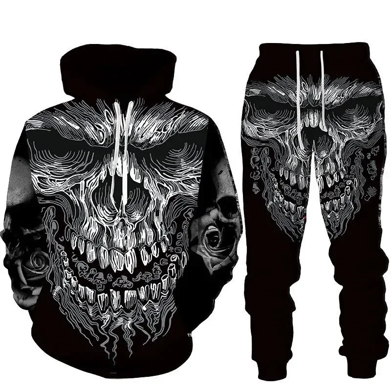 Skull 3D Printed Hoodies Trousers Set Autumn Winter Men Tracksuits Casual Sweashirt Pullover 2 Piece Suit Vintage Men Outfits