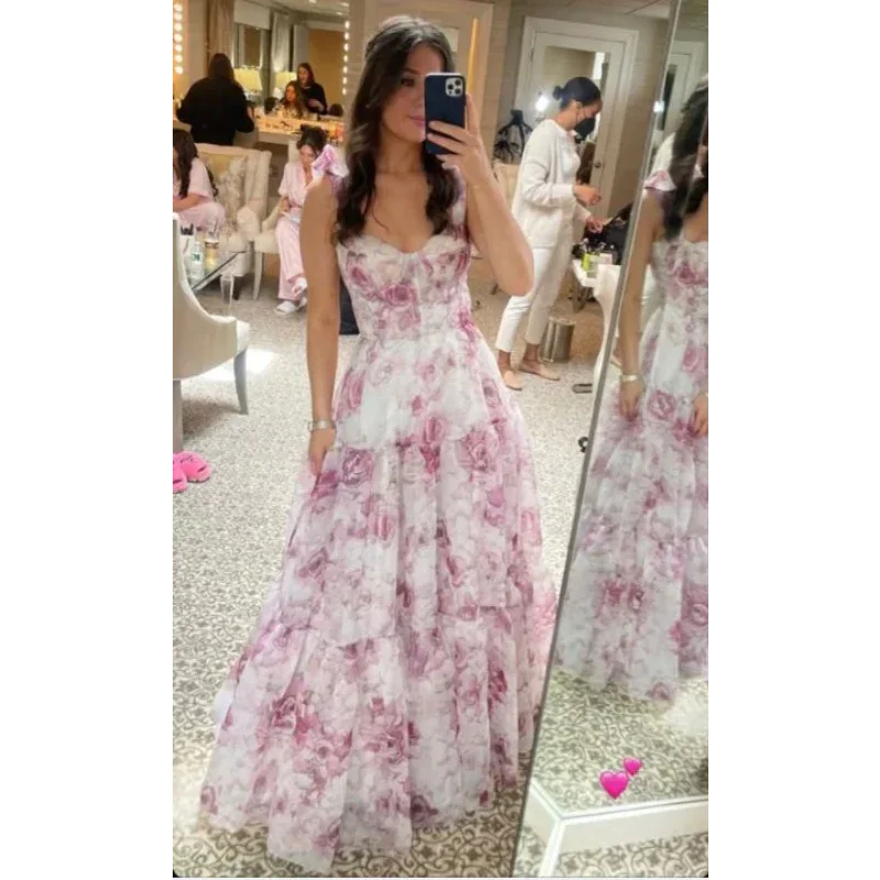 Lunaria personalizar sem alças floral impressão em camadas plissado vestido de baile lado alta divisão vestidos de noiva até o chão vestidos de noite