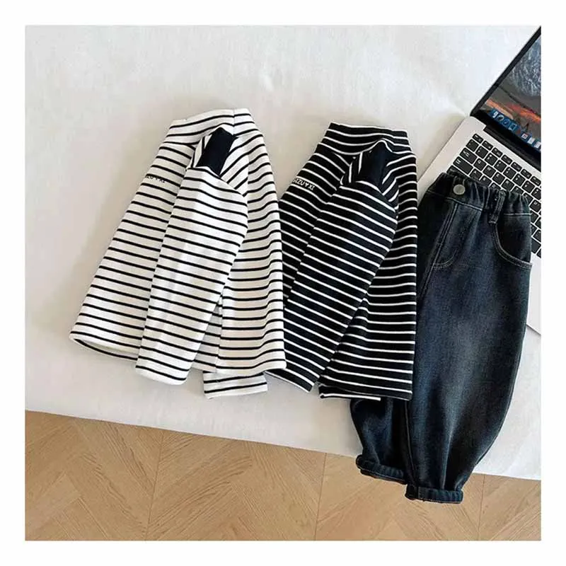 New Girls Padded Bottoming Shirt Boys Striped Turtleneck Jumper Autumn Winter Children Warm Fashion Casual Long-Sleeved Sweater