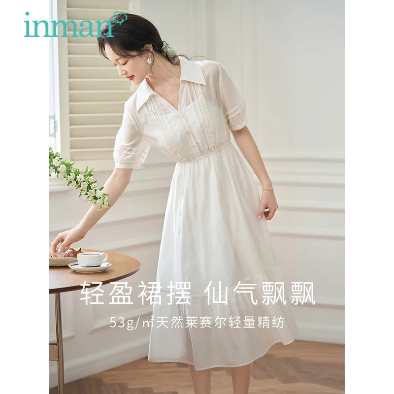 INMAN Women Two Piece Set Dress 2023 Summer Short Sleeve Polo Neck A-shaped Loose Hollow Lace Casual Official White Green Skirt