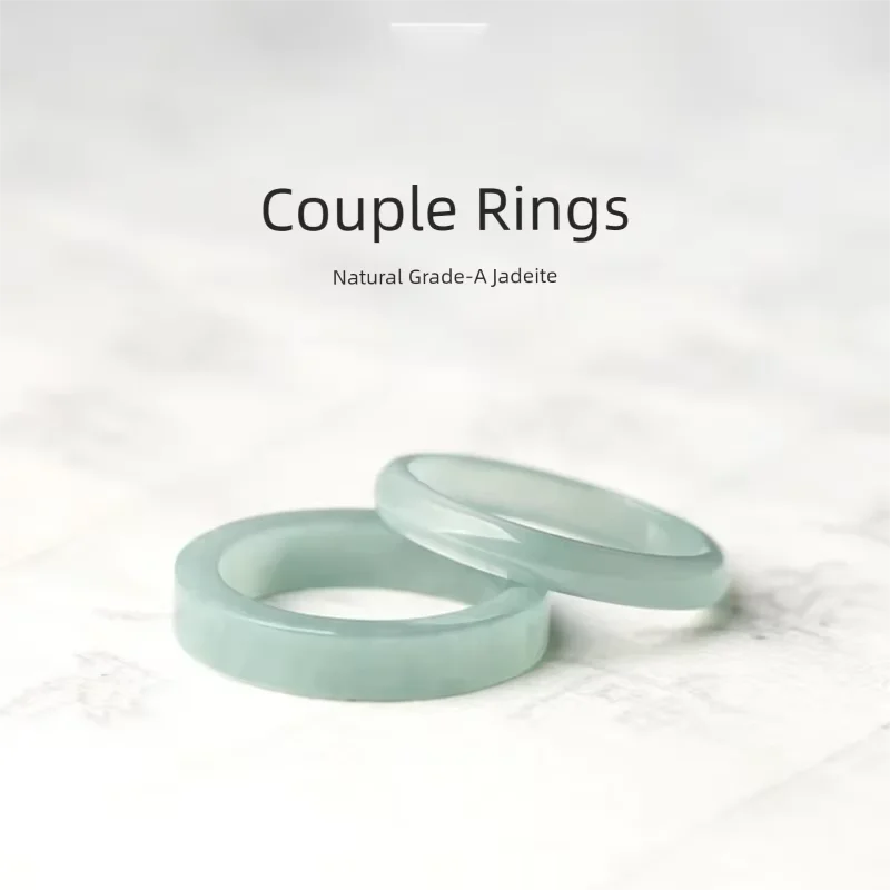 Natural Type A Jadeite Light Blue Water Ring Minimalist Plain Band Couple Rings Round/Square Options Unisex