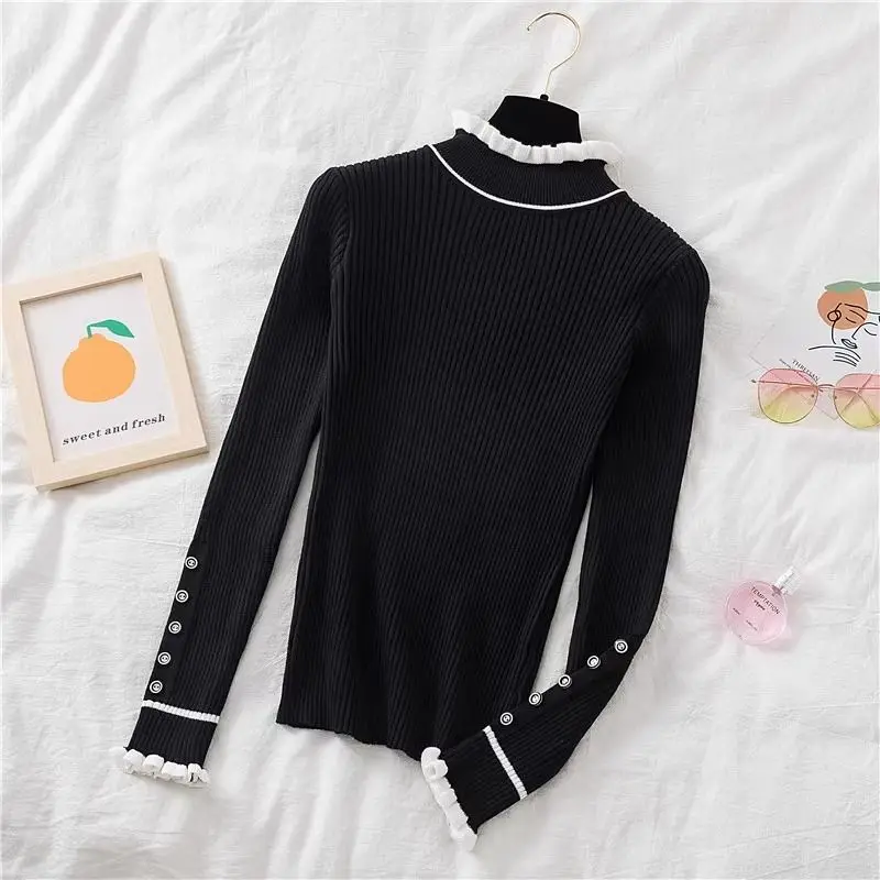 Screw Thread Contrast Color Half High Collar Button Long Sleeve Pullover Sweater Knitted Women\'s Clothing Autumn Winter Tops