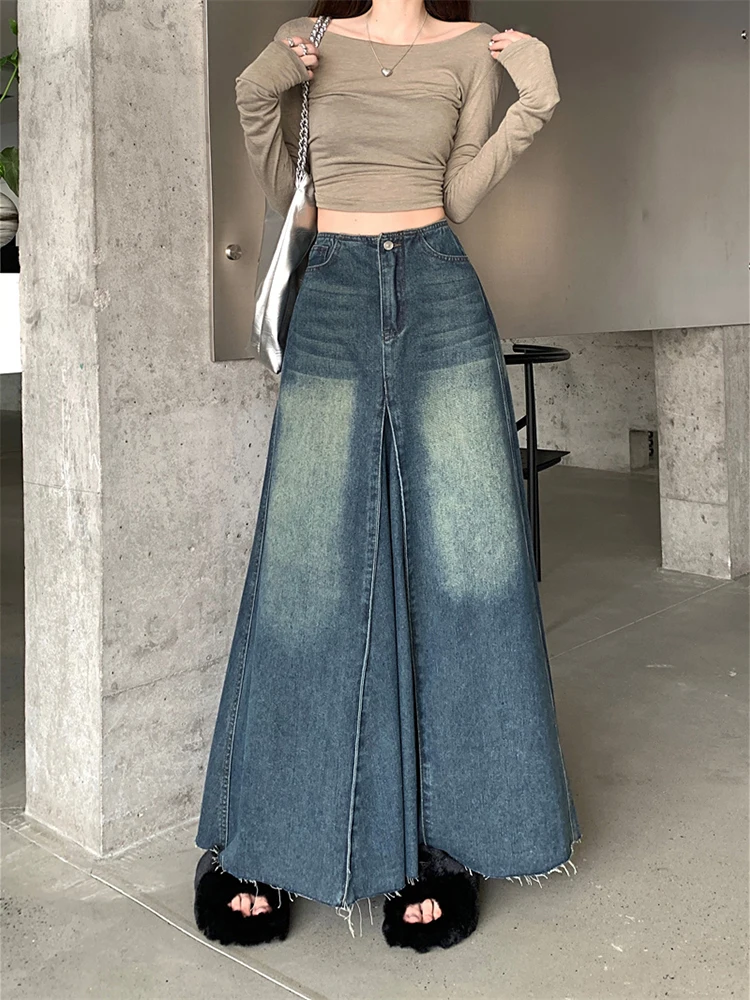 

Maxi Long Skirts Women England Style Vintage Autumn Winter High Waist Jean Skirt Ladies A-Line Ruffle Pleated Denim Skirt