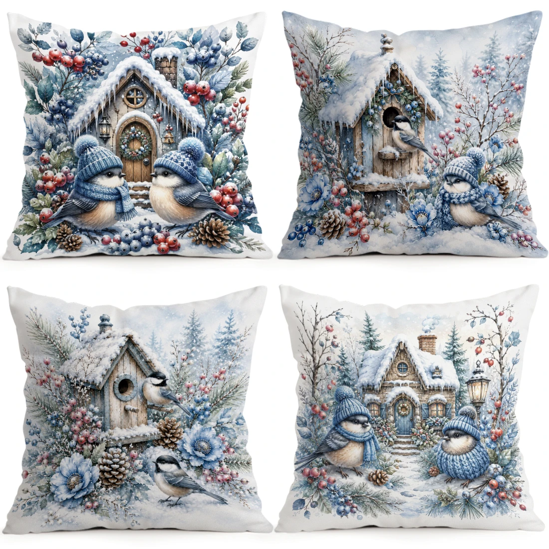 Winter Wooden House With Sparrow Bird S Cushions Pillowcase Polyester Cushion Cover Throw Pillow Pillowcover Home Car Sofa Decor