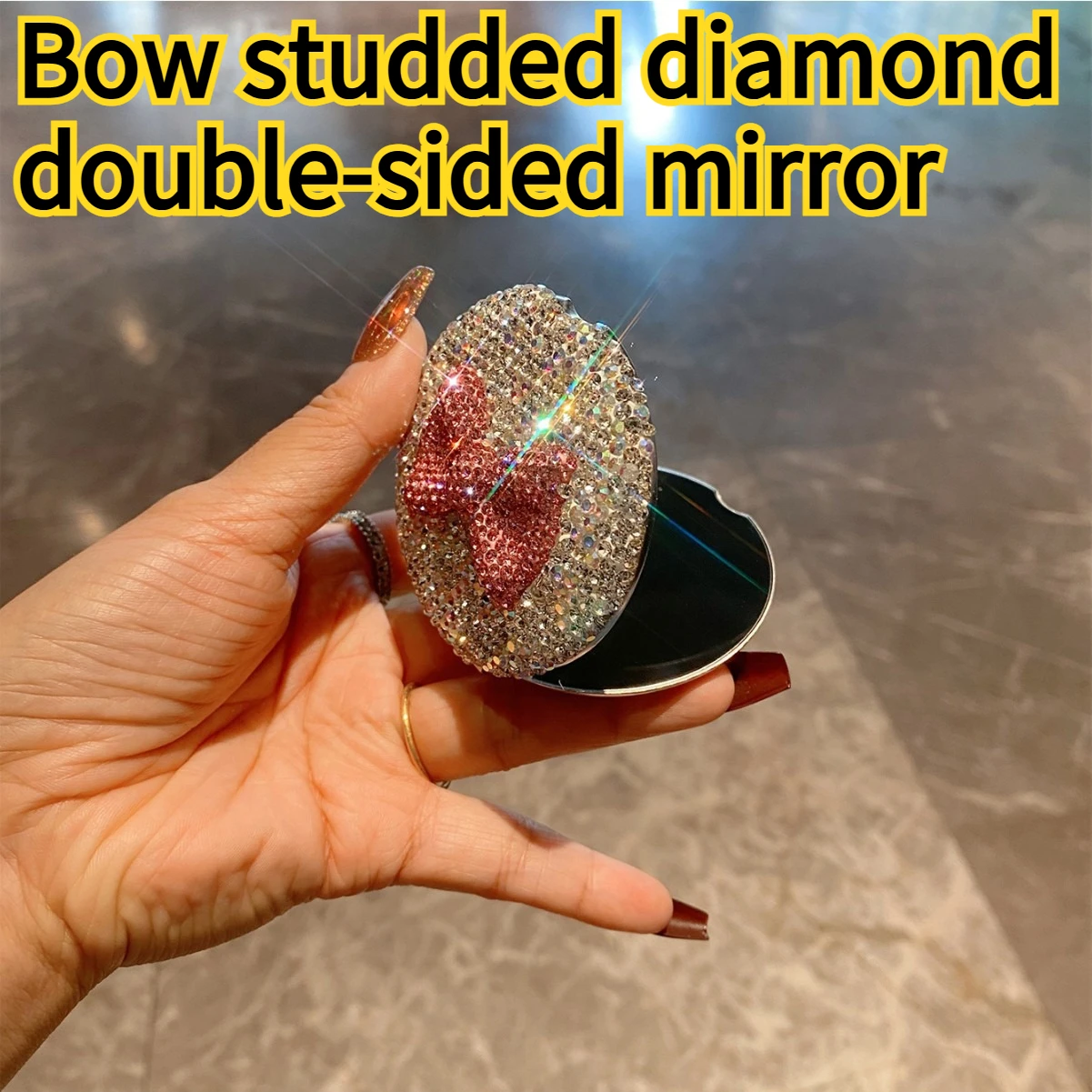 Stainless Steel Mini Double-sided Mirror with Bow and Diamond Studded Makeup Mirror Portable Decorative Mirror
