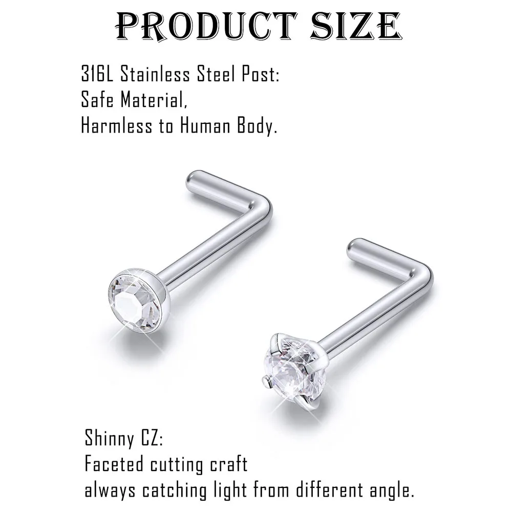 Nose Rings 16pcs Nose Screw Rings Surgical Steel Straight L Screw Clear CZ Piercing Jewelry Silver 1.5mm-3mm 20 Gauge