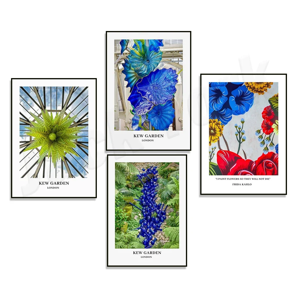 Travel poster created by Chihuly in Kew Gardens, London, UK, vibrant glass modern art print, living room decoration