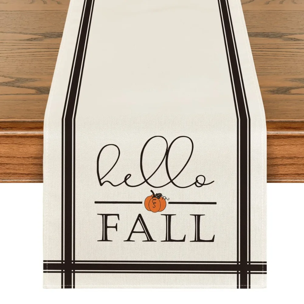 Autumn Table Runner Hello Fall Letter Printed Long Placemat Burlap Texture Polyester Cloth Pumpkin Holiday Dining Decor