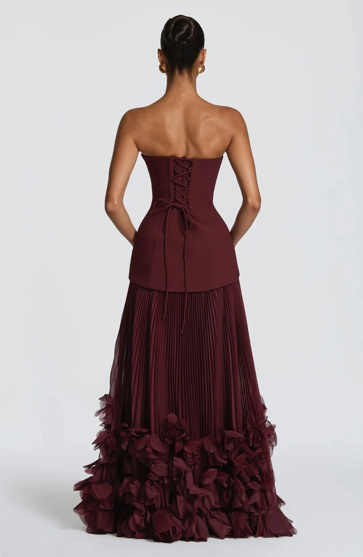 Women Strapless Burgundy Maxi Evening Dress, Pleated Long Gown With 3D Floral Hem, Formal Wedding Guest Party Prom Dress