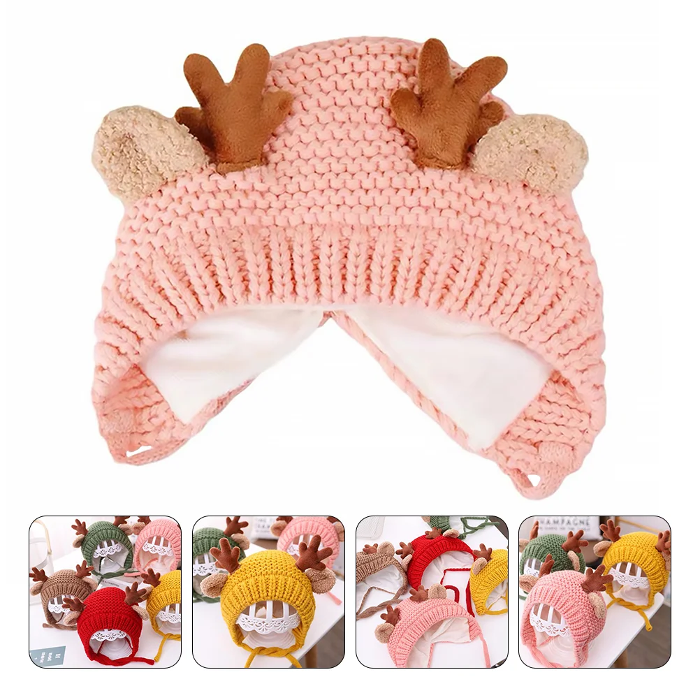 Hats Christmas Antler Baby Warm Keep Knitted Crochet Cap Fleece Lined Pink Accessories Men and Women