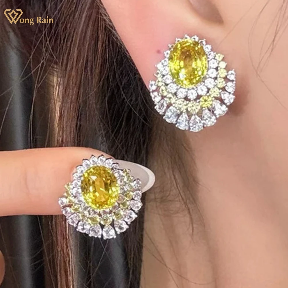

Wong Rain Luxury 925 Sterling Silver 8*10 MM Oval Yellow Sapphire High Carbon Diamond Gemstone Ear Studs Earrings Fine Jewelry