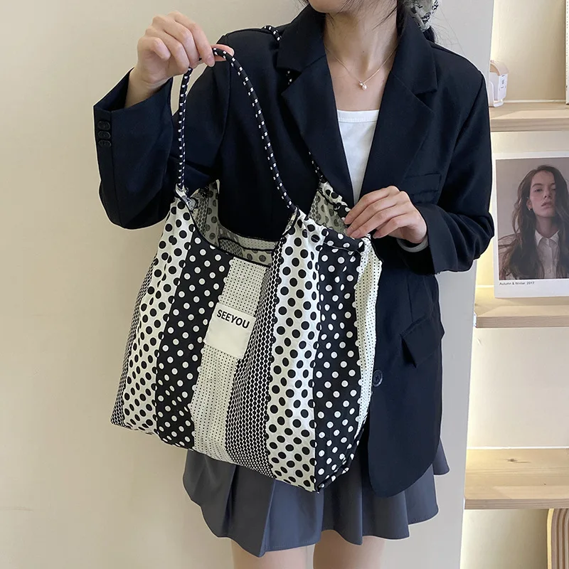 Romantic French Polka-dot Shoulder Bag Large Capacity Ins Cloth  Commuter Messenger Bag Large Capacity Fashion Tote Bags