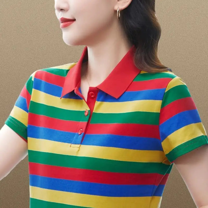 Women's Summer New Stripe Color Block Polo Collar T-Shirt Chic Age Reducing Hide Belly Short Sleeve Mid-Age Mother Top