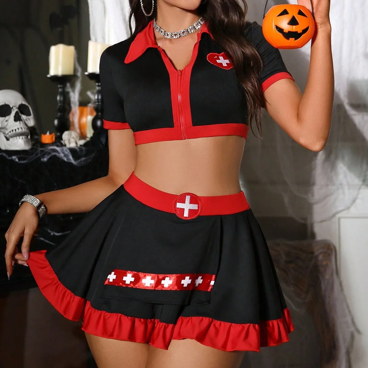 

Sexy Nurse Uniform - Red And Black Contrasting Crop Top For Halloween Costume Play Set