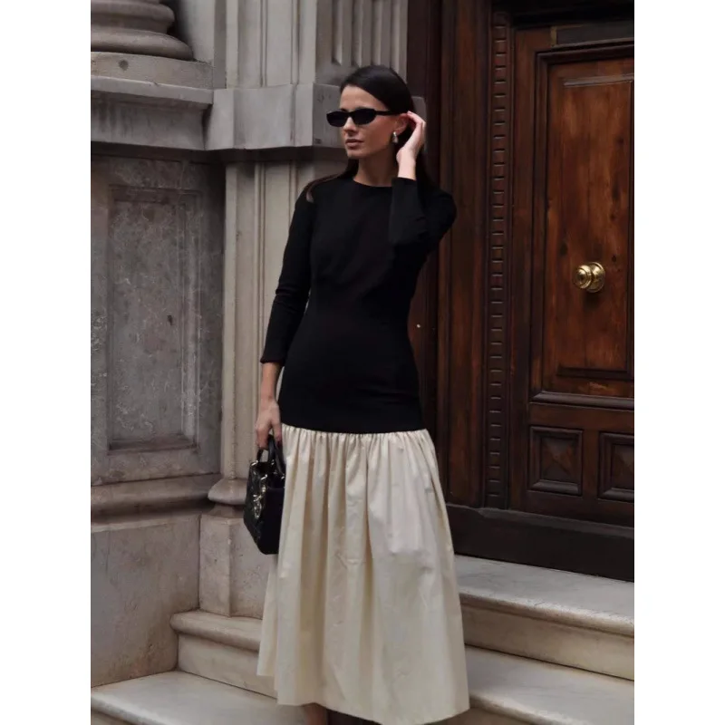 여성 맥시 스커트 패션 2025 새로운 우아한 대비 스플 라이스 Pleated 라운드 칼라 긴 소매 슬림 가운 여성 Partywear 드레스