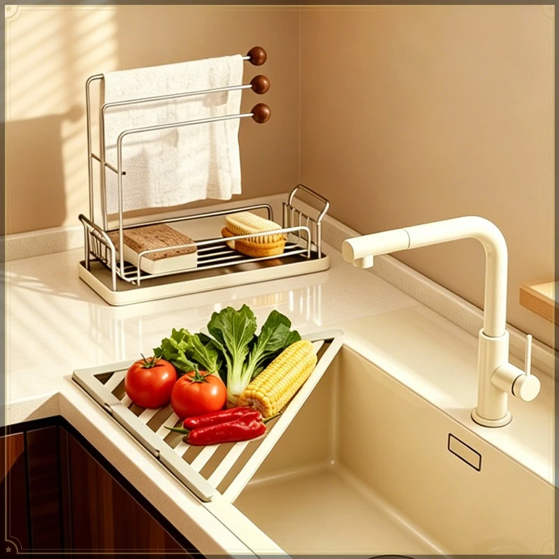 Foldable Sink Drain Rack PVC Sink Caddy Organizer with Chopsticks Box Strong Load Bearing Multifunctional Kitchen Sink Organizer view 3