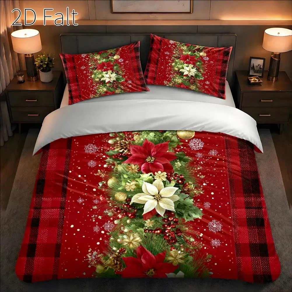 3-Piece Duvet Cover Set with Pillowcases (Without Filling), 2D Flat Printing, Red Christmas Flower and Pine Branch Theme, Oil Painting Realistic Style, Christmas, Suitable for All Seasons, Machine Washable, Invisible Zipper, Large Duvet Cover Set, Bedding Set, Christmas Decoration, a Must-Have for Holiday Atmosphere