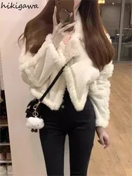 Streetwear Jackets for Women Fashion Lamb Wool Patchwork Crop Tops Casual Zipper Thicked Warm Korean Y2k Coat 2024 Ropa Mujer