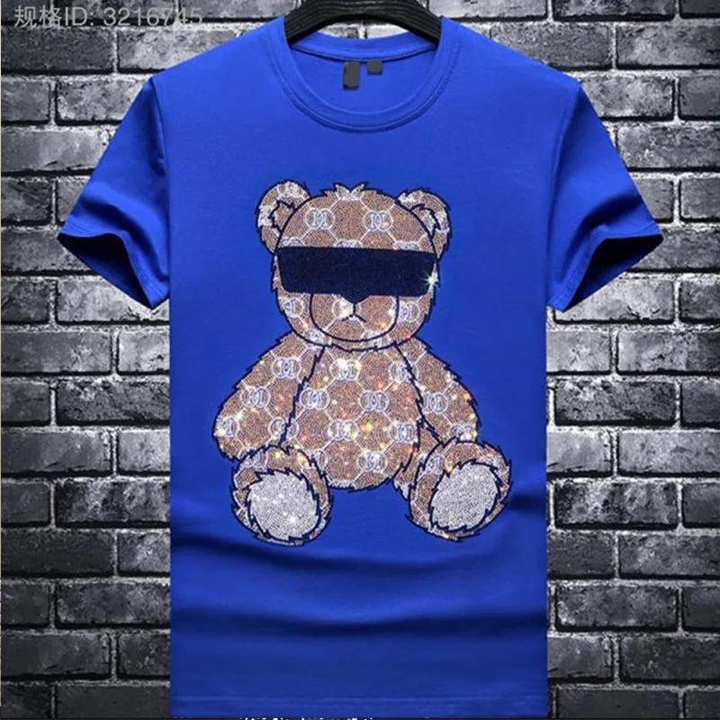 Hot Diamond T-Shirt Glasses Bear Tide Brand Male Short Sleeved Tees New Style Casual Young Streetwear Cotton Top Men's Clothing