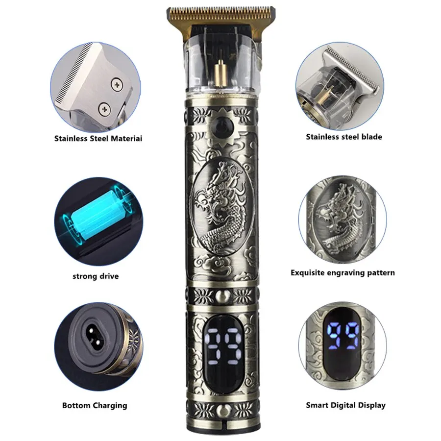 مقص شعر بشاشة رقمية كهربائية ، آلة قص ونحت ، شحن برأس زيت ، مظهر عتيق ، مصفف شعر منزلي