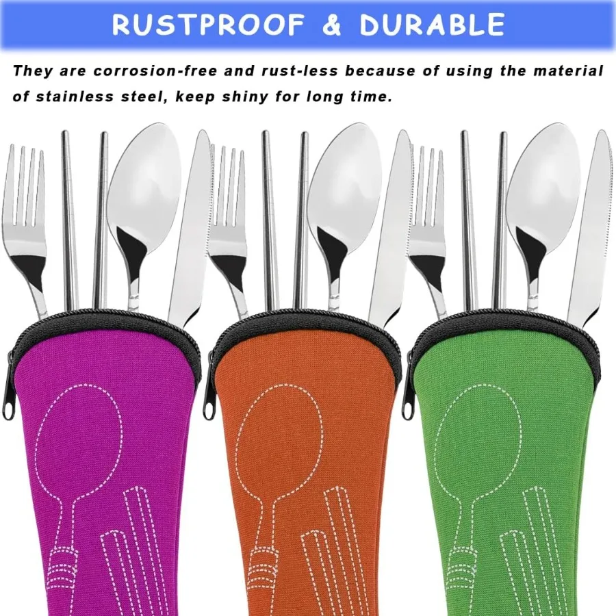 3 حزمة التخييم الفضيات مجموعة 12 قطعة سكين شوكة ملعقة عيدان الفولاذ المقاوم للصدأ مع حقيبة حمل أدوات المائدة غير قابل للصدأ فلاتوار #3