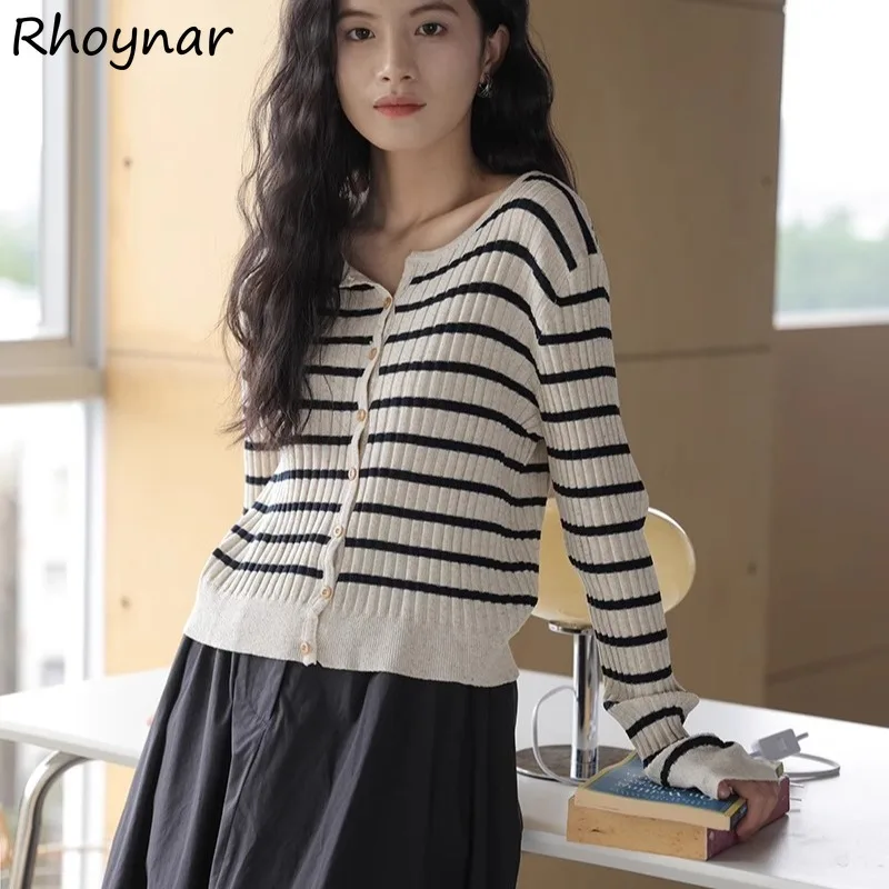 

Cardigans Women Autumn Striped Single Breasted Long Sleeve All-match Casual Slimming Streetwear Retro Tops Korean Style Mujer