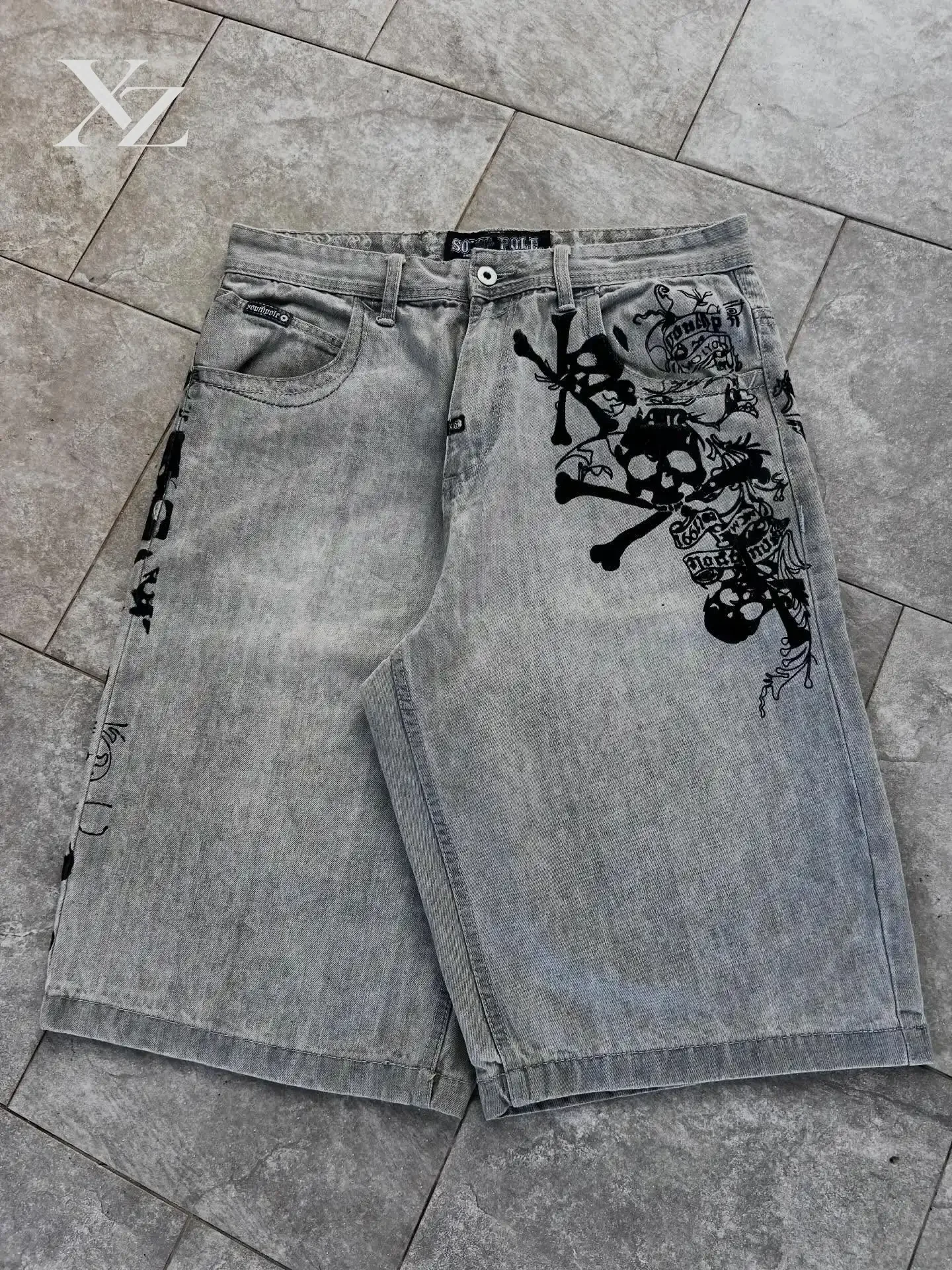 American White Gray Letter Denim Shorts Mens Hip-hop Rock Street Fashion Pattern Straight Pants Harajuku Trend Wide Pants