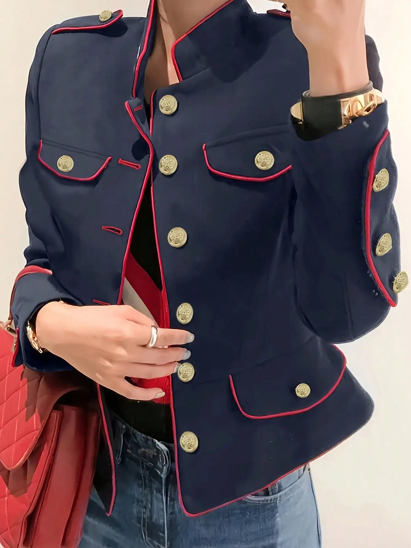 

Navy Blue Military-Style Double-Breasted Blazer with Red Trim and Gold Buttons