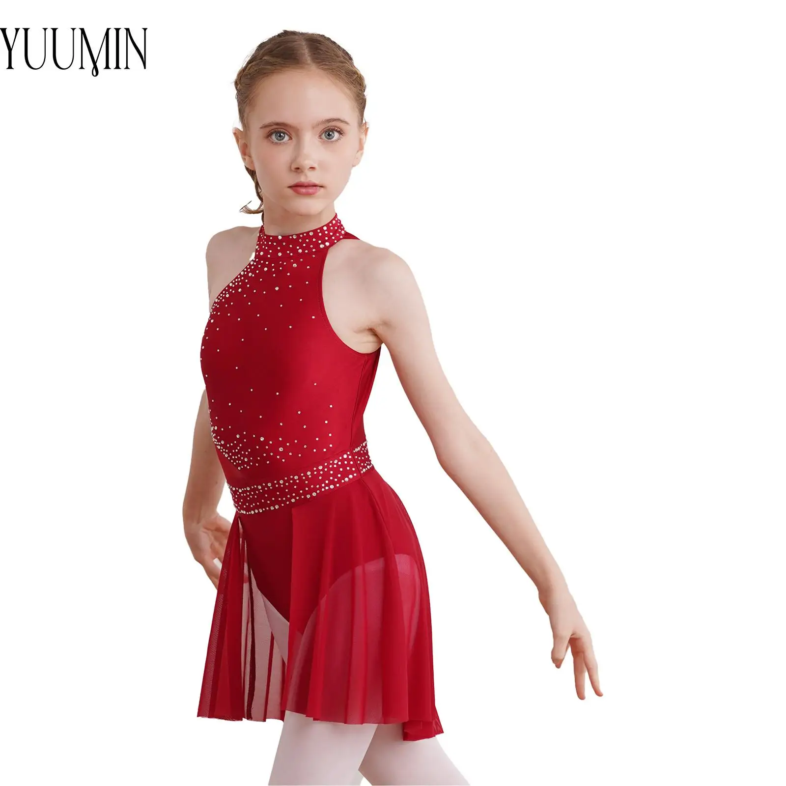 Kids Girls Glittery Rhinestones Leotard Dress Irregular Hem Sleeveless Lyrical Dance Performance Dresses