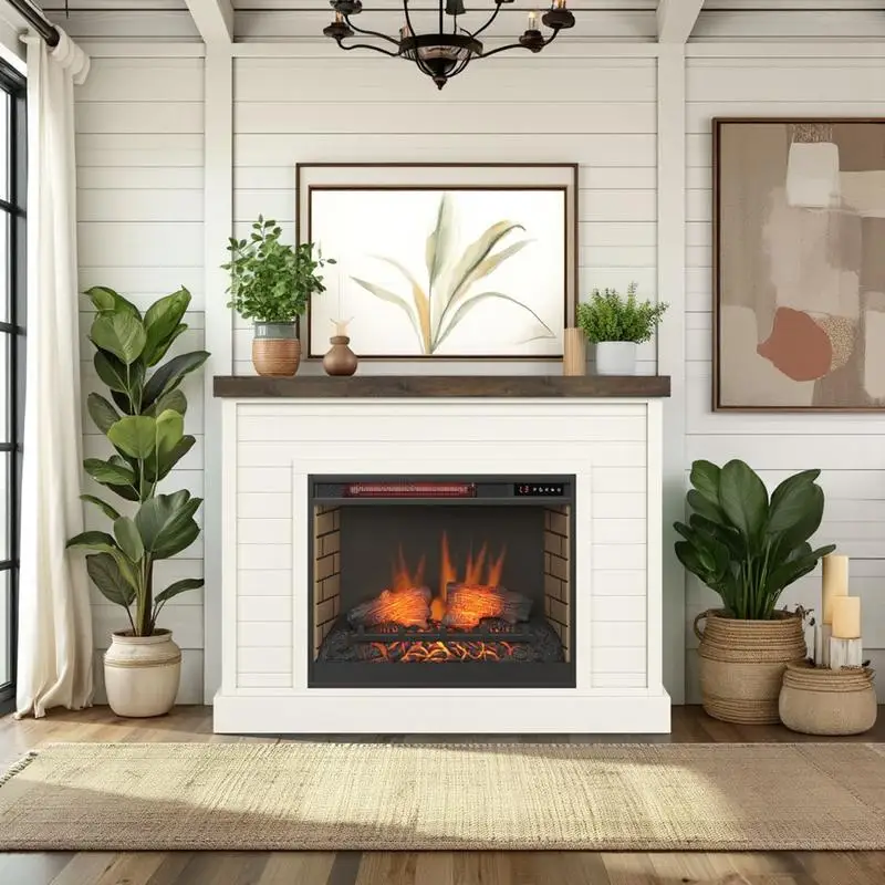 

48" Fireplace with Mantel in Jasmine Whitewash & Barnwood Finish - Stylish Design for Home Decor, Cozy Ambiance & Warmth