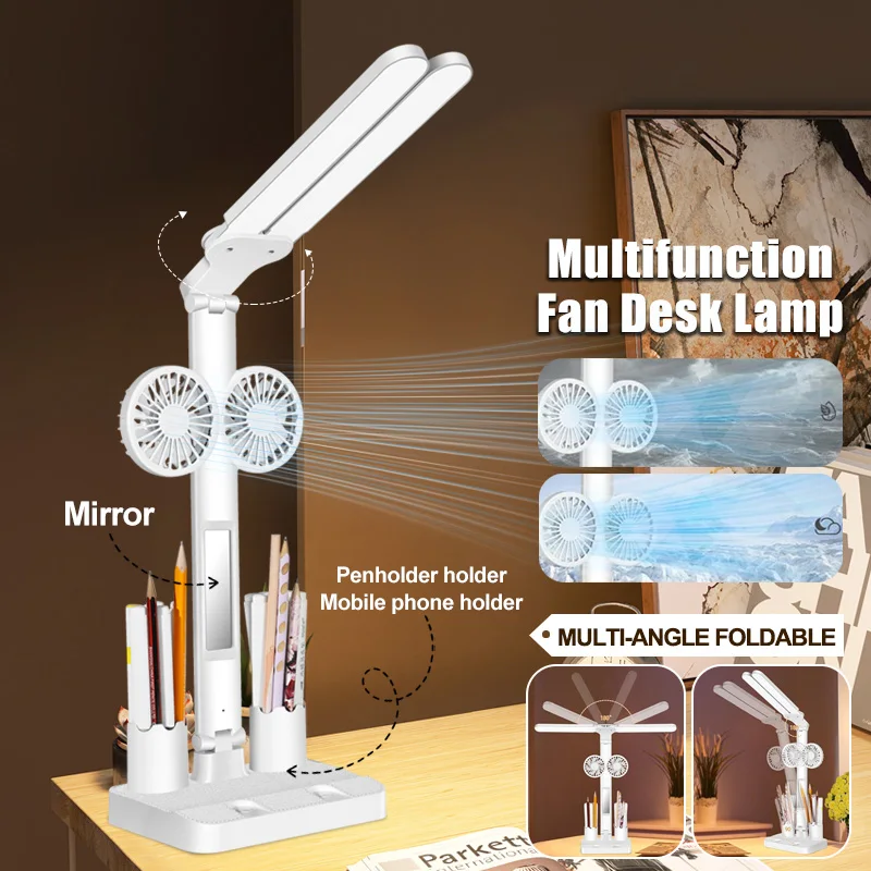 Multifunctionele Led Bureaulampen Met Ventilator Dimbaar Oogbescherming Boek Licht Tweekoppige Opvouwbare Tafellamp Studie Kantoor Bed