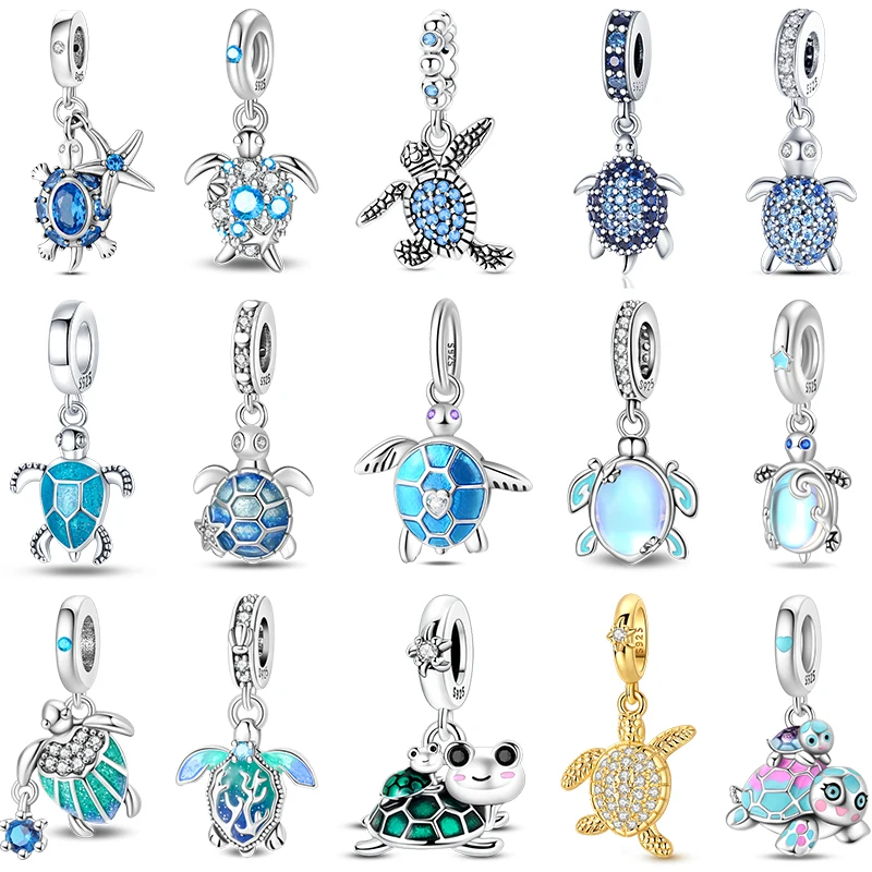 S925 Sterling Silver Blue Sea Turtle Dangle Charms Ocean Zircon Tortoise Beads Fit Original Bracelet Women DIY Jewelry Gift
